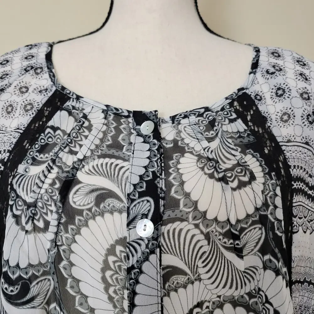 Valerie Stevens M Button Front 3/4 Raglan Sleeve Scoop Neck Lace Blouse Top - Picture 2 of 16